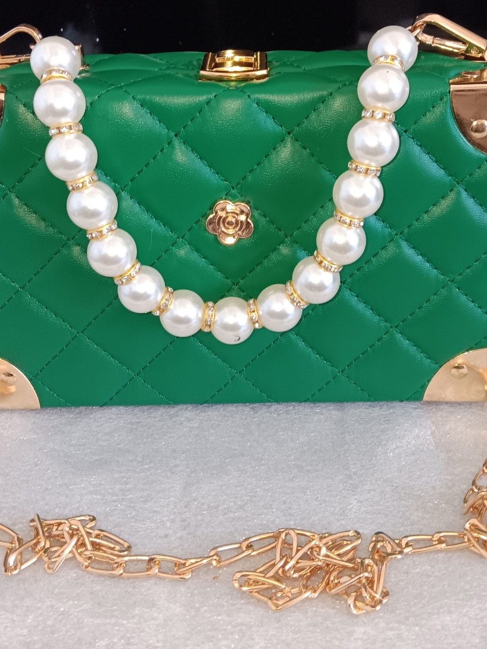 Source Unknown Emerald Quilted Pearl-Handle Shoulder Bag with Gold Accents